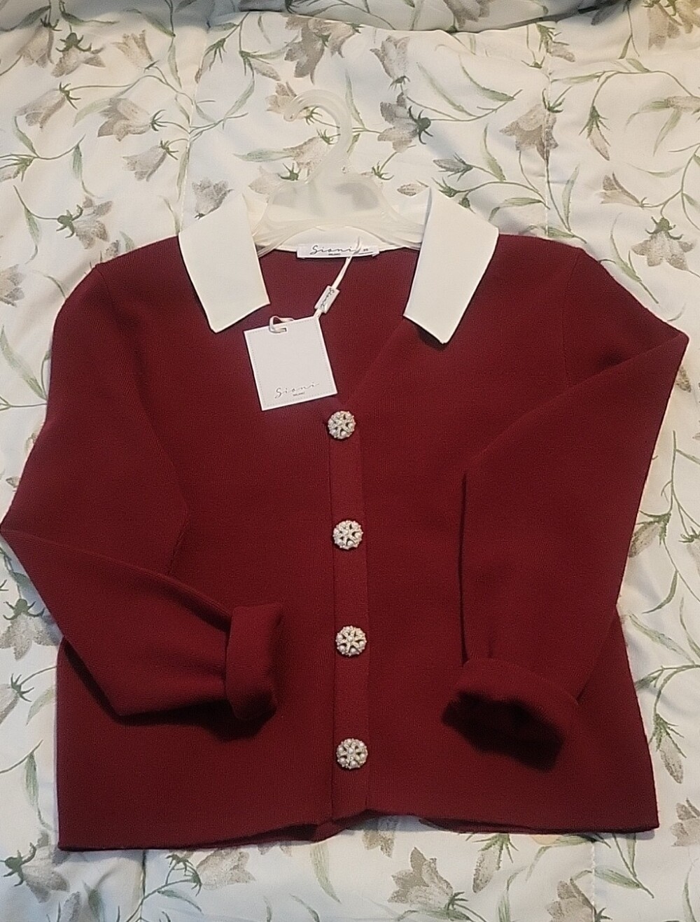 Sioni NWT Burgundy Cardigan with Ivory Collar
